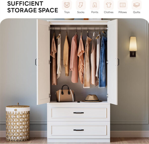 LIKIMIO Armoire Wardrobe Closet with 2 Doors and 2 Drawers 70" H x 28" W Wooden Bedroom Freestanding Wardrobe Combination for Hanging Clothes, White