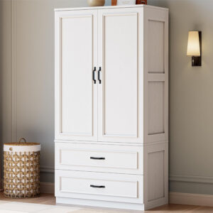 LIKIMIO Armoire Wardrobe Closet with 2 Doors and 2 Drawers 70" H x 28" W Wooden Bedroom Freestanding Wardrobe Combination for Hanging Clothes, White