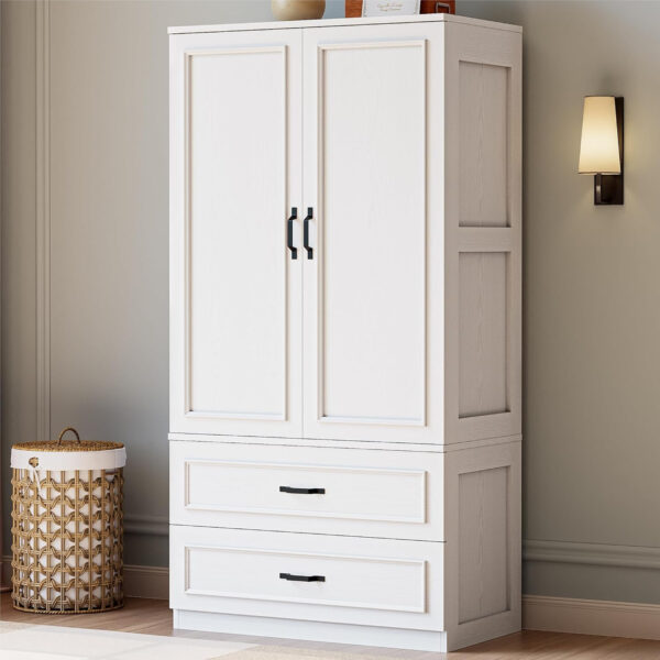 LIKIMIO Armoire Wardrobe Closet with 2 Doors and 2 Drawers 70" H x 28" W Wooden Bedroom Freestanding Wardrobe Combination for Hanging Clothes, White