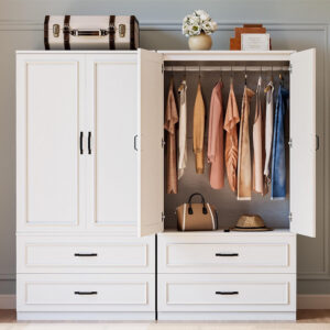 LIKIMIO Armoire Wardrobe Closet with 2 Doors and 2 Drawers 70" H x 28" W Wooden Bedroom Freestanding Wardrobe Combination for Hanging Clothes, White