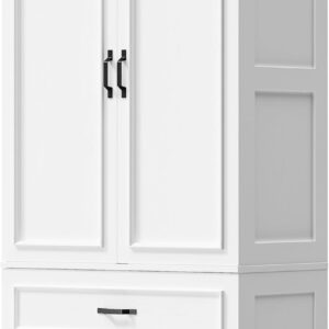 LIKIMIO Armoire Wardrobe Closet with 2 Doors and 2 Drawers 70" H x 28" W Wooden Bedroom Freestanding Wardrobe Combination for Hanging Clothes, White