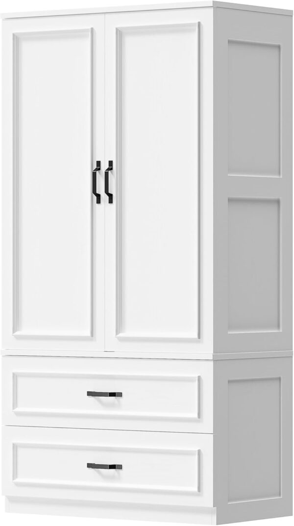 LIKIMIO Armoire Wardrobe Closet with 2 Doors and 2 Drawers 70" H x 28" W Wooden Bedroom Freestanding Wardrobe Combination for Hanging Clothes, White