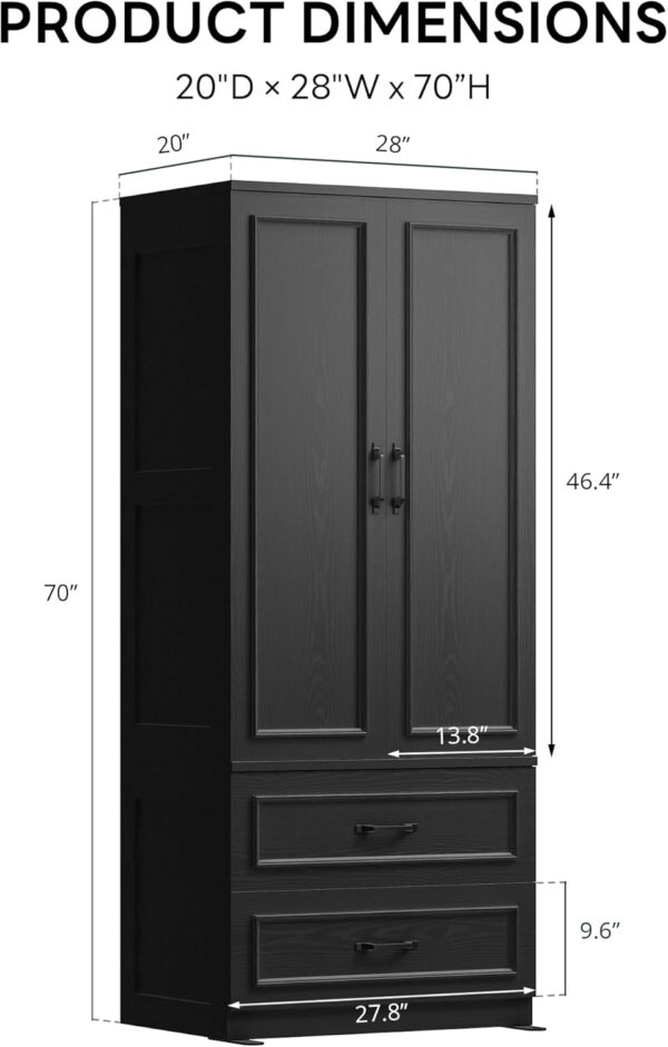LIKIMIO Armoire Wardrobe Closet with 2 Doors and 2 Drawers 70" H x 28" W Wooden Bedroom Freestanding Wardrobe Combination for Hanging Clothes, White