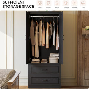 LIKIMIO Armoire Wardrobe Closet with 2 Doors and 2 Drawers 70" H x 28" W Wooden Bedroom Freestanding Wardrobe Combination for Hanging Clothes, White