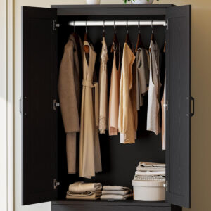 LIKIMIO Armoire Wardrobe Closet with 2 Doors and 2 Drawers 70" H x 28" W Wooden Bedroom Freestanding Wardrobe Combination for Hanging Clothes, White