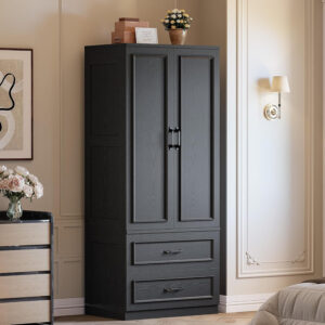 LIKIMIO Armoire Wardrobe Closet with 2 Doors and 2 Drawers 70" H x 28" W Wooden Bedroom Freestanding Wardrobe Combination for Hanging Clothes, White