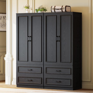 LIKIMIO Armoire Wardrobe Closet with 2 Doors and 2 Drawers 70" H x 28" W Wooden Bedroom Freestanding Wardrobe Combination for Hanging Clothes, White