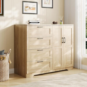 GarveeHome Multifunctional Wooden Dresser for Bedroom, 43.3'' H 2 Door Wardrobe Armoire Closet with 4 Drawers and Hanging Rod, Low Storage Cabinet for Hanging Cloth, Natural Oak