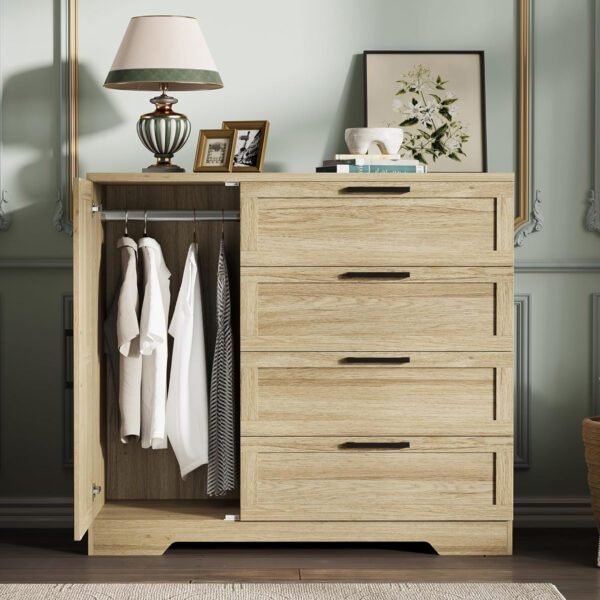 GarveeHome Multifunctional Wooden Dresser for Bedroom, 43.3'' H 2 Door Wardrobe Armoire Closet with 4 Drawers and Hanging Rod, Low Storage Cabinet for Hanging Cloth, Natural Oak