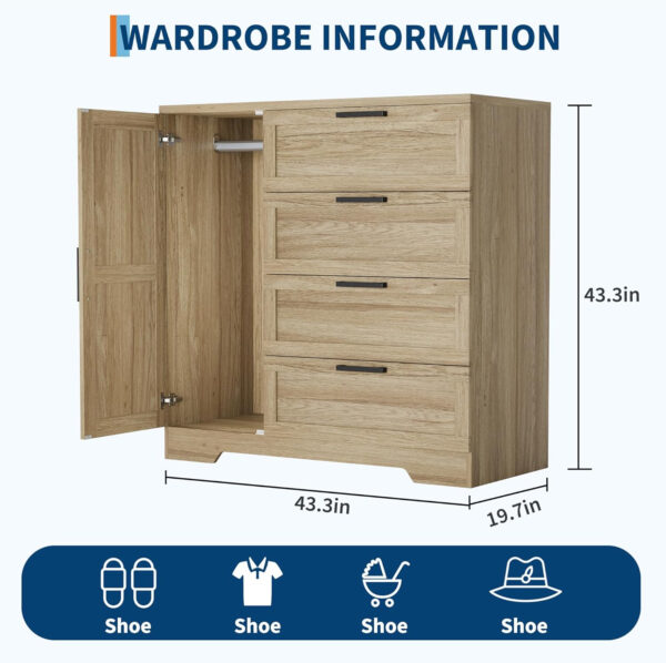 GarveeHome Multifunctional Wooden Dresser for Bedroom, 43.3'' H 2 Door Wardrobe Armoire Closet with 4 Drawers and Hanging Rod, Low Storage Cabinet for Hanging Cloth, Natural Oak