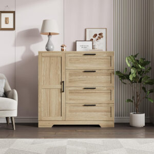 GarveeHome Multifunctional Wooden Dresser for Bedroom, 43.3'' H 2 Door Wardrobe Armoire Closet with 4 Drawers and Hanging Rod, Low Storage Cabinet for Hanging Cloth, Natural Oak