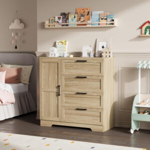 GarveeHome Multifunctional Wooden Dresser for Bedroom, 43.3'' H 2 Door Wardrobe Armoire Closet with 4 Drawers and Hanging Rod, Low Storage Cabinet for Hanging Cloth, Natural Oak