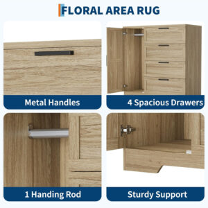 GarveeHome Multifunctional Wooden Dresser for Bedroom, 43.3'' H 2 Door Wardrobe Armoire Closet with 4 Drawers and Hanging Rod, Low Storage Cabinet for Hanging Cloth, Natural Oak