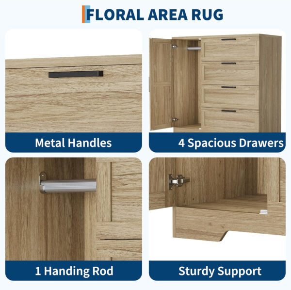 GarveeHome Multifunctional Wooden Dresser for Bedroom, 43.3'' H 2 Door Wardrobe Armoire Closet with 4 Drawers and Hanging Rod, Low Storage Cabinet for Hanging Cloth, Natural Oak