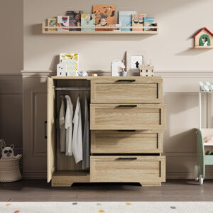 GarveeHome Multifunctional Wooden Dresser for Bedroom, 43.3'' H 2 Door Wardrobe Armoire Closet with 4 Drawers and Hanging Rod, Low Storage Cabinet for Hanging Cloth, Natural Oak