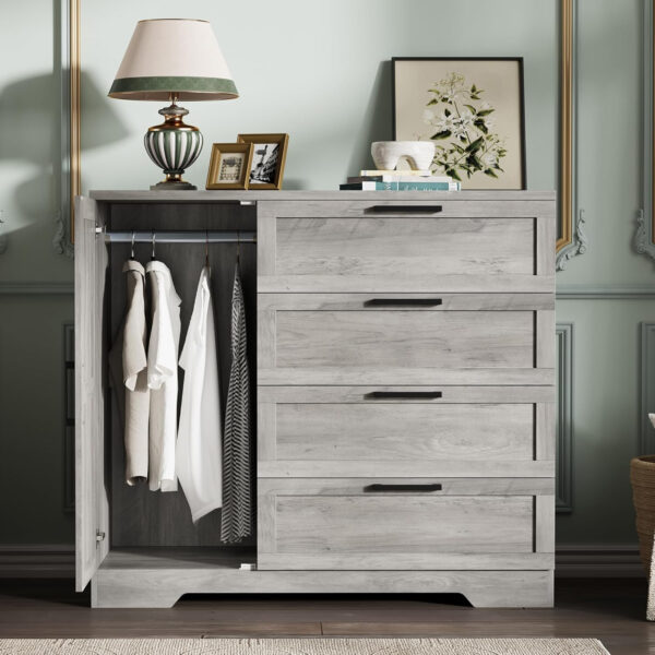 GarveeHome Multifunctional Wooden Dresser for Bedroom, 43.3'' H 2 Door Wardrobe Armoire Closet with 4 Drawers and Hanging Rod, Low Storage Cabinet for Hanging Cloth, Natural Oak