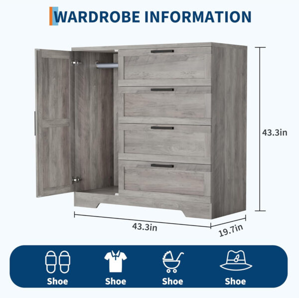 GarveeHome Multifunctional Wooden Dresser for Bedroom, 43.3'' H 2 Door Wardrobe Armoire Closet with 4 Drawers and Hanging Rod, Low Storage Cabinet for Hanging Cloth, Natural Oak