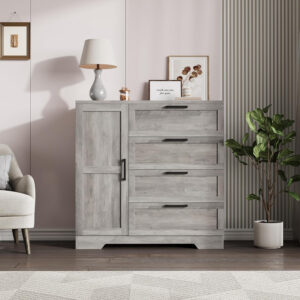 GarveeHome Multifunctional Wooden Dresser for Bedroom, 43.3'' H 2 Door Wardrobe Armoire Closet with 4 Drawers and Hanging Rod, Low Storage Cabinet for Hanging Cloth, Natural Oak