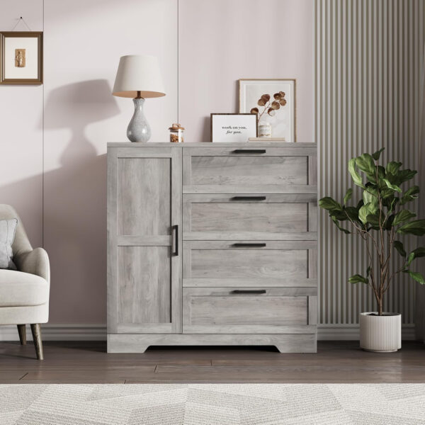 GarveeHome Multifunctional Wooden Dresser for Bedroom, 43.3'' H 2 Door Wardrobe Armoire Closet with 4 Drawers and Hanging Rod, Low Storage Cabinet for Hanging Cloth, Natural Oak