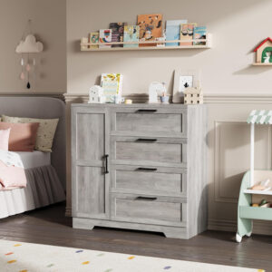 GarveeHome Multifunctional Wooden Dresser for Bedroom, 43.3'' H 2 Door Wardrobe Armoire Closet with 4 Drawers and Hanging Rod, Low Storage Cabinet for Hanging Cloth, Natural Oak