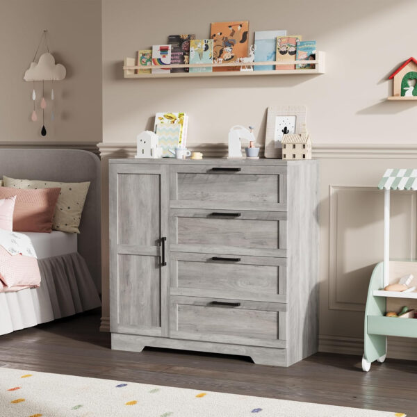 GarveeHome Multifunctional Wooden Dresser for Bedroom, 43.3'' H 2 Door Wardrobe Armoire Closet with 4 Drawers and Hanging Rod, Low Storage Cabinet for Hanging Cloth, Natural Oak