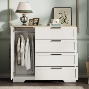 GarveeHome Multifunctional Wooden Dresser for Bedroom, 43.3'' H 2 Door Wardrobe Armoire Closet with 4 Drawers and Hanging Rod, Low Storage Cabinet for Hanging Cloth, Natural Oak