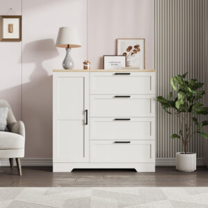 GarveeHome Multifunctional Wooden Dresser for Bedroom, 43.3'' H 2 Door Wardrobe Armoire Closet with 4 Drawers and Hanging Rod, Low Storage Cabinet for Hanging Cloth, Natural Oak