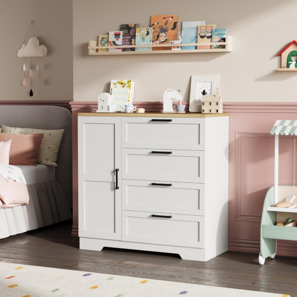 GarveeHome Multifunctional Wooden Dresser for Bedroom, 43.3'' H 2 Door Wardrobe Armoire Closet with 4 Drawers and Hanging Rod, Low Storage Cabinet for Hanging Cloth, Natural Oak