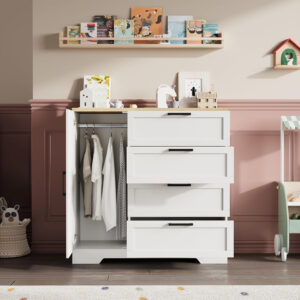 GarveeHome Multifunctional Wooden Dresser for Bedroom, 43.3'' H 2 Door Wardrobe Armoire Closet with 4 Drawers and Hanging Rod, Low Storage Cabinet for Hanging Cloth, Natural Oak