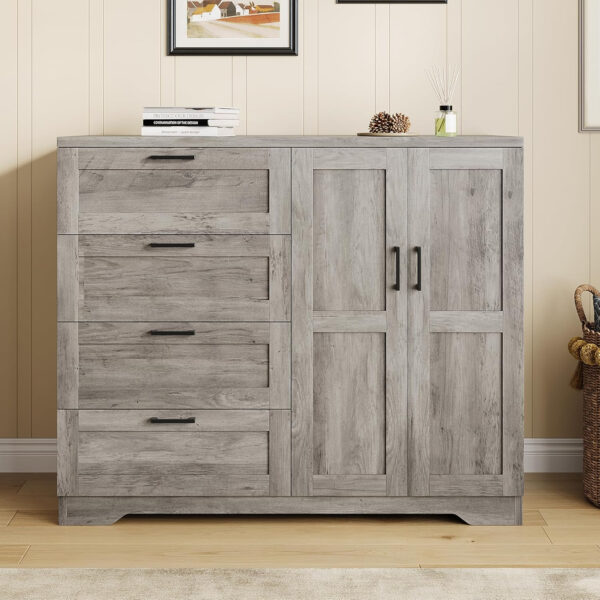 GarveeHome Multifunctional Wooden Dresser for Bedroom, 43.3'' H 2 Door Wardrobe Armoire Closet with 4 Drawers and Hanging Rod, Low Storage Cabinet for Hanging Cloth, Natural Oak