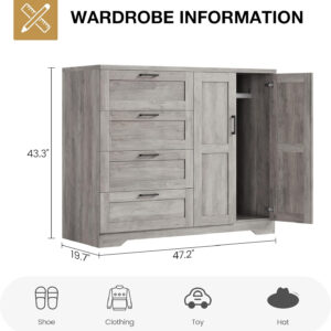 GarveeHome Multifunctional Wooden Dresser for Bedroom, 43.3'' H 2 Door Wardrobe Armoire Closet with 4 Drawers and Hanging Rod, Low Storage Cabinet for Hanging Cloth, Natural Oak