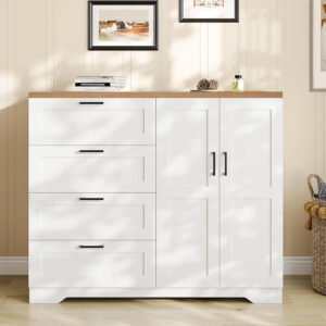 GarveeHome Multifunctional Wooden Dresser for Bedroom, 43.3'' H 2 Door Wardrobe Armoire Closet with 4 Drawers and Hanging Rod, Low Storage Cabinet for Hanging Cloth, Natural Oak