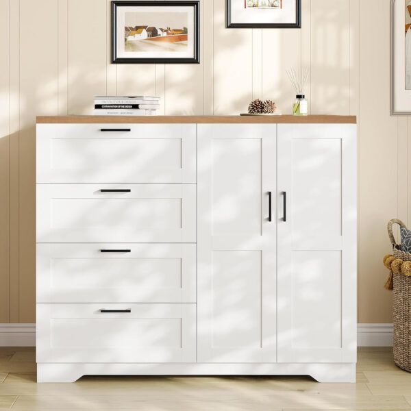 GarveeHome Multifunctional Wooden Dresser for Bedroom, 43.3'' H 2 Door Wardrobe Armoire Closet with 4 Drawers and Hanging Rod, Low Storage Cabinet for Hanging Cloth, Natural Oak