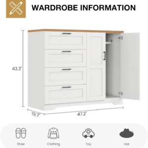 GarveeHome Multifunctional Wooden Dresser for Bedroom, 43.3'' H 2 Door Wardrobe Armoire Closet with 4 Drawers and Hanging Rod, Low Storage Cabinet for Hanging Cloth, Natural Oak