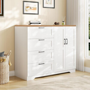 GarveeHome Multifunctional Wooden Dresser for Bedroom, 43.3'' H 2 Door Wardrobe Armoire Closet with 4 Drawers and Hanging Rod, Low Storage Cabinet for Hanging Cloth, Natural Oak