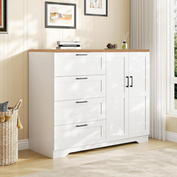 GarveeHome Multifunctional Wooden Dresser for Bedroom, 43.3'' H 2 Door Wardrobe Armoire Closet with 4 Drawers and Hanging Rod, Low Storage Cabinet for Hanging Cloth, Natural Oak