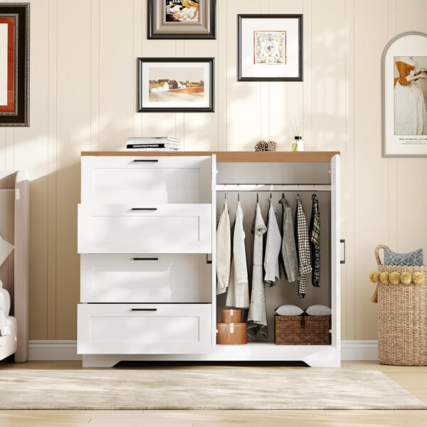 GarveeHome Multifunctional Wooden Dresser for Bedroom, 43.3'' H 2 Door Wardrobe Armoire Closet with 4 Drawers and Hanging Rod, Low Storage Cabinet for Hanging Cloth, Natural Oak