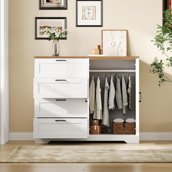 GarveeHome Multifunctional Wooden Dresser for Bedroom, 43.3'' H 2 Door Wardrobe Armoire Closet with 4 Drawers and Hanging Rod, Low Storage Cabinet for Hanging Cloth, Natural Oak