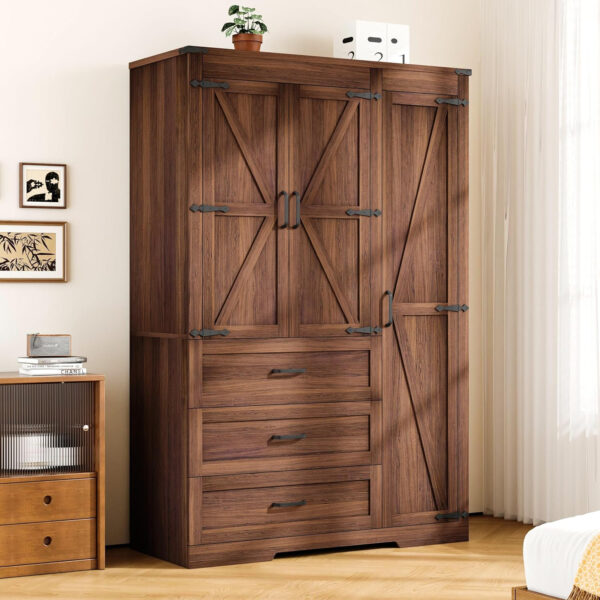 68870b2f582a0d5e68a403c607590096359edad571cd7073cd579.jpg 3 Door Armoire Wardrobe Closet Cabinet with 3 Drawers and Drawers, Farmhouse Bedroom Armoire with Hanging Rod and Adjustable Shelves, Large Capacity Storage Wardrobe Armoire for Bedroom, Brown