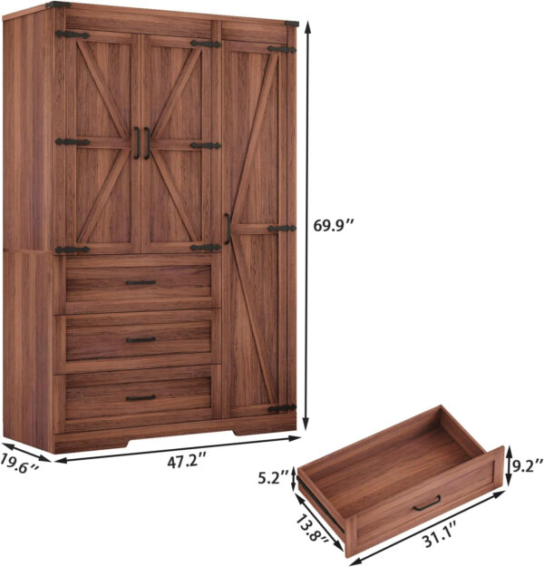 68870b307ea246a7fd19cd736359bc064113e19e215bbd89e18f5.jpg 3 Door Armoire Wardrobe Closet Cabinet with 3 Drawers and Drawers, Farmhouse Bedroom Armoire with Hanging Rod and Adjustable Shelves, Large Capacity Storage Wardrobe Armoire for Bedroom, Brown