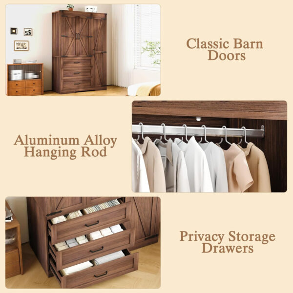 68870b382bd6276e5512b1cd1018000063bc7db3e936dfe0c1198.jpg 3 Door Armoire Wardrobe Closet Cabinet with 3 Drawers and Drawers, Farmhouse Bedroom Armoire with Hanging Rod and Adjustable Shelves, Large Capacity Storage Wardrobe Armoire for Bedroom, Brown