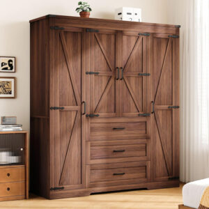 68870b3aca05612ca4868c3f997891ac3314c67fade96cf1941bf.jpg 3 Door Armoire Wardrobe Closet Cabinet with 3 Drawers and Drawers, Farmhouse Bedroom Armoire with Hanging Rod and Adjustable Shelves, Large Capacity Storage Wardrobe Armoire for Bedroom, Brown