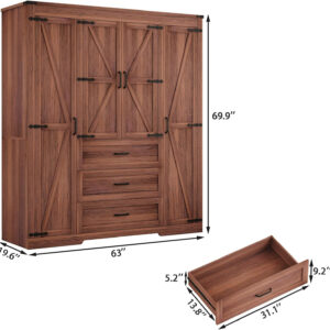 68870b3bdfcca884069913f9b8e6be8a7ffcefe2c113fad77cd84.jpg 3 Door Armoire Wardrobe Closet Cabinet with 3 Drawers and Drawers, Farmhouse Bedroom Armoire with Hanging Rod and Adjustable Shelves, Large Capacity Storage Wardrobe Armoire for Bedroom, Brown