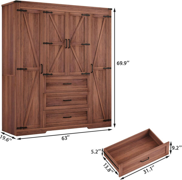 68870b3bdfcca884069913f9b8e6be8a7ffcefe2c113fad77cd84.jpg 3 Door Armoire Wardrobe Closet Cabinet with 3 Drawers and Drawers, Farmhouse Bedroom Armoire with Hanging Rod and Adjustable Shelves, Large Capacity Storage Wardrobe Armoire for Bedroom, Brown