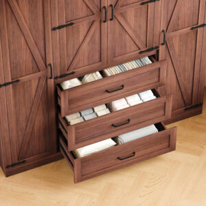 68870b3f2b925f790f9f5d0cf85f2bc987fd022548aef63af38a8.jpg 3 Door Armoire Wardrobe Closet Cabinet with 3 Drawers and Drawers, Farmhouse Bedroom Armoire with Hanging Rod and Adjustable Shelves, Large Capacity Storage Wardrobe Armoire for Bedroom, Brown