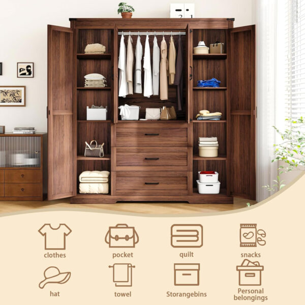 68870b413ed1a64265be3bf5a6fc4bbbc6a8eb68c8ca8347bba2f.jpg 3 Door Armoire Wardrobe Closet Cabinet with 3 Drawers and Drawers, Farmhouse Bedroom Armoire with Hanging Rod and Adjustable Shelves, Large Capacity Storage Wardrobe Armoire for Bedroom, Brown