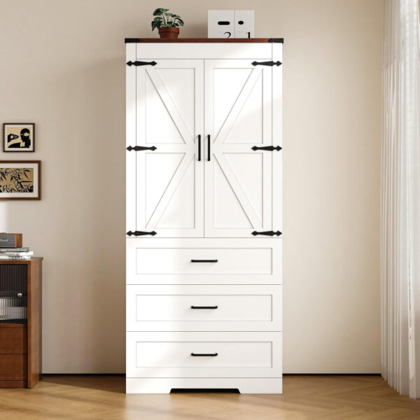 68870b45c3cfedecf4d981a9f5ca866476192ad4ca846a6878470.jpg 3 Door Armoire Wardrobe Closet Cabinet with 3 Drawers and Drawers, Farmhouse Bedroom Armoire with Hanging Rod and Adjustable Shelves, Large Capacity Storage Wardrobe Armoire for Bedroom, Brown