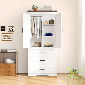 68870b470bd073b32876ad86d3115ed3fe54d62fc0289b7855e90.jpg 3 Door Armoire Wardrobe Closet Cabinet with 3 Drawers and Drawers, Farmhouse Bedroom Armoire with Hanging Rod and Adjustable Shelves, Large Capacity Storage Wardrobe Armoire for Bedroom, Brown