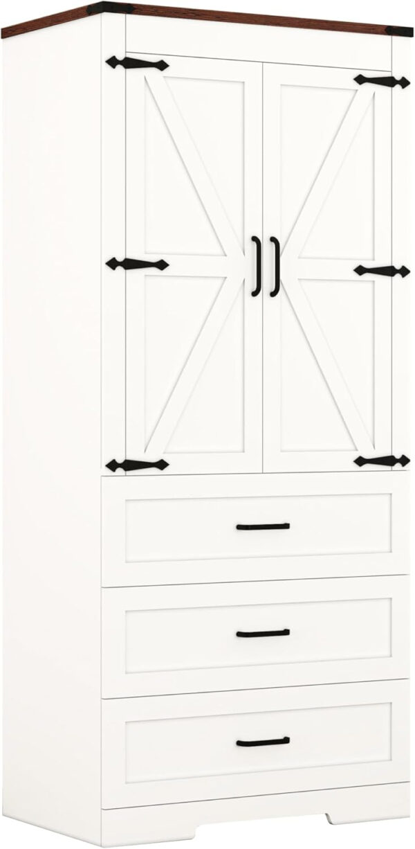 68870b4de2957a0a66ed1adcbb1fe6ae15563ae8f924857f7c657.jpg 3 Door Armoire Wardrobe Closet Cabinet with 3 Drawers and Drawers, Farmhouse Bedroom Armoire with Hanging Rod and Adjustable Shelves, Large Capacity Storage Wardrobe Armoire for Bedroom, Brown