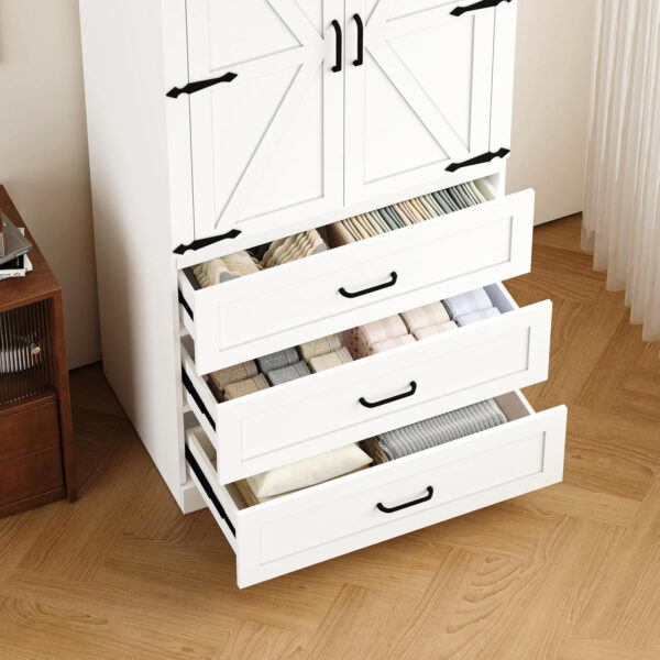 68870b50e1ff1057785e8ee215a04fdaabd4346ae700f7d9c8713.jpg 3 Door Armoire Wardrobe Closet Cabinet with 3 Drawers and Drawers, Farmhouse Bedroom Armoire with Hanging Rod and Adjustable Shelves, Large Capacity Storage Wardrobe Armoire for Bedroom, Brown